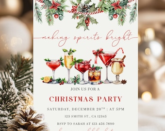 Holiday Cocktail Party Invitation, Christmas Spirits Bright Adult Invite, Editable Christmas Friendsmas Invite