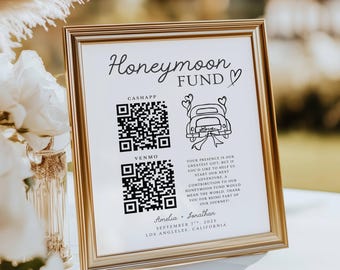 Honeymoon Fund Wedding Sign, Hand Drawn Wedding QR Code Sign, Venmo Honeymoon Wish Sign, Wedding Cash Gift, Whimsical Wedding Signs Table