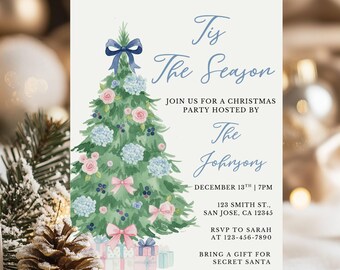 Christmas Party Invitation, Holiday Party Invite, Friendsmas Dinner Invite, Tis The Season Preppy Tree Invite