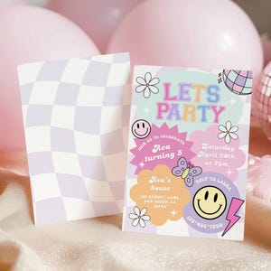 Preppy smiley verjaardagsuitnodiging, patchbrief uitnodiging, retro meisje verjaardagsuitnodiging, Varsity Patch Party, bewerkbare canvassjabloon