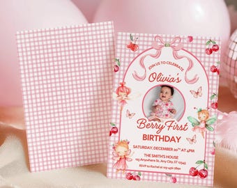 Berry First Birthday Invitation, Cherry Gingham Invite, Fairy 1st Birthday, Coquette Pink Bow Berries
