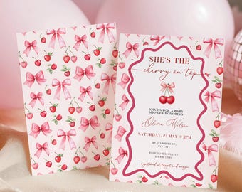 Cherry Baby Shower Invitation, She's The Cherry On Top Invite, Coquette Pink Bow Berries, Editable Canva Template
