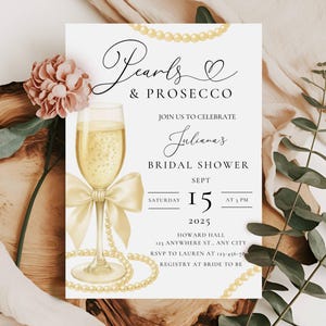 Pearls & Prosecco Bridal Shower Invitation Template: Elegant Champagne Design (Canva Editable, Digital Download)