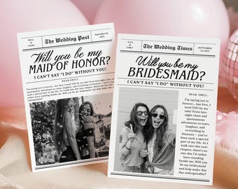 Bridesmaid Proposal Newspaper Template, Personalized Bridesmaid Proposal Gift, Maid of Honor Proposal Card, Will You Be My Bridesmaid