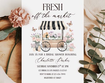 Faire-part de douche nuptiale fraîchement sorti du marché, thème Elles du marché, invitation de mariée agriculteur, modèle de toile modifiable