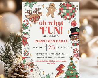 Oh was für Spaß Weihnachtsfeiereinladung, Retro Kinderweihnachtsfeier einladen Vorlage, bearbeitbare druckbare Feiertagsfeier einladen, Canva-Vorlage
