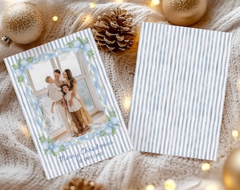 Photo Christmas Card, Editable Holiday Family Portrait, Watercolor Bow Garland Holiday Card, Christmas Greeting Card Picture
