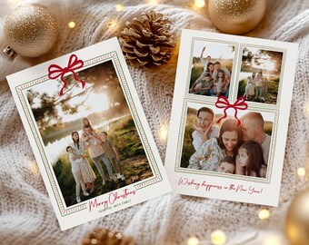 Photo Christmas Card Template, Hand Drawn Bow Holiday Card, Family Portrait Printable
