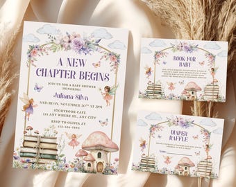 Invitation de baby shower livre de contes, invitation pour un nouveau chapitre, baby shower vintage sur le thème du livre de contes, tombola de couches, carte de baby shower