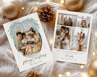 Garland Photo Christmas Card, Editable Family Portrait Holiday Card, Boho Holiday Carding Printable