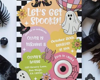 May include: A Halloween-themed invitation with the text "Let's Get Spooky!" features a ghost, spider, and eyeball graphic. The invitation includes details for a birthday party, with a black and white checkered border and floral accents.