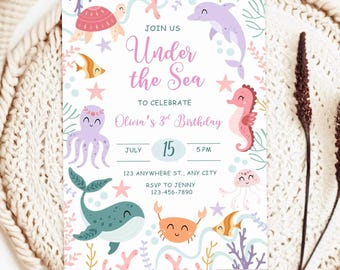 May include: An invitation with an "Under the Sea" theme, featuring illustrations of marine life like a turtle, dolphin, seahorse, and whale. The invitation includes the text "Olivia's 3rd Birthday" and event details.