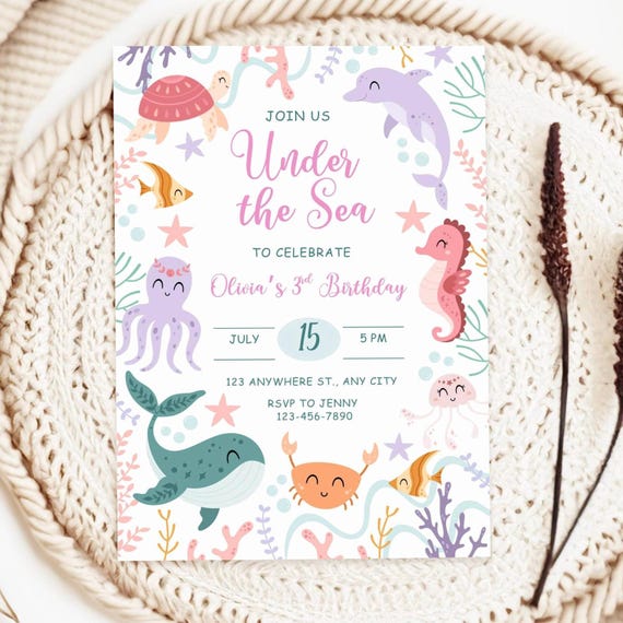 Under The Sea Birthday Invitation, Oneder The Sea Party Invite, Editable Ocean Animal Theme Template, 3rd Birthday Girl Digital Invitation