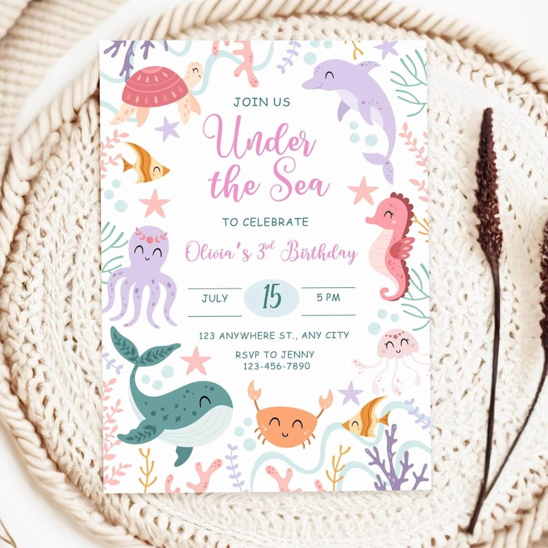 Under The Sea Birthday Invitation, Oneder The Sea Party Invite, Editable Ocean Animal Theme Template, 3rd Birthday Girl Digital Invitation image 1