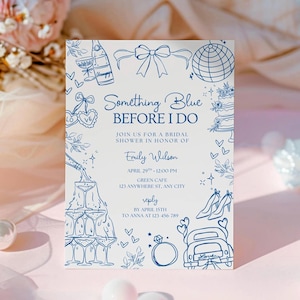 Convite para Chá de Panela "Something Blue Before I Do", Convite de Noivado em Azul Acinzentado com Escrita à Mão, Convite Digital com Laço Coquette para Casamento