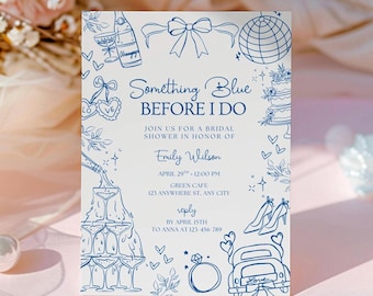 Modèle d'Invitation de douche nuptiale quelque chose de bleu avant de faire, manuscrite bleu poussiéreux faire-part de mariée, mariage coquette noeud numérique inviter