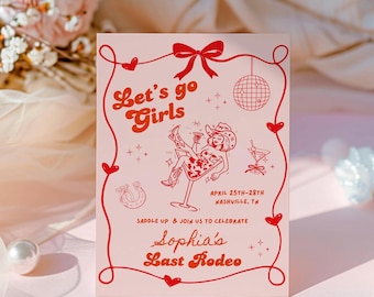Last Rodeo Bachelorette Party Invitation Itinerary, Let's Go Girls Nashville Bachelorette Party Invite, Nash Bash Disco Cowgirl Bachelorette