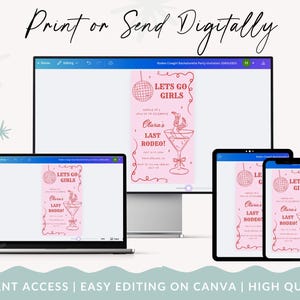 May include: A digital invitation for a bachelorette party with a pink background and red text. The text says "Let's Go Girls" and "Clara's Last Rodeo!" with a disco ball and a cocktail glass graphic.