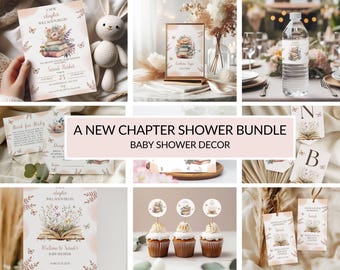 Paquete para baby shower "Un nuevo capítulo pronto comenzará", decoración de baby shower con temática de libros, plantilla editable de Canva