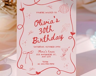 Hand Drawn 30th Birthday Invitation, Editable Dirty Thirty Retro Coquette Birthday Invitation, Scribble Cocktail Dinner Party Doodle Invite
