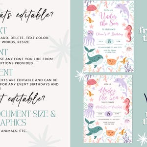 May include: Editable invitation design with an "Under the Sea" theme. The design features sea creatures like dolphins, seahorses, and octopuses. The text is customizable, allowing for personalized birthday party details. The document size and graphics are not editable.