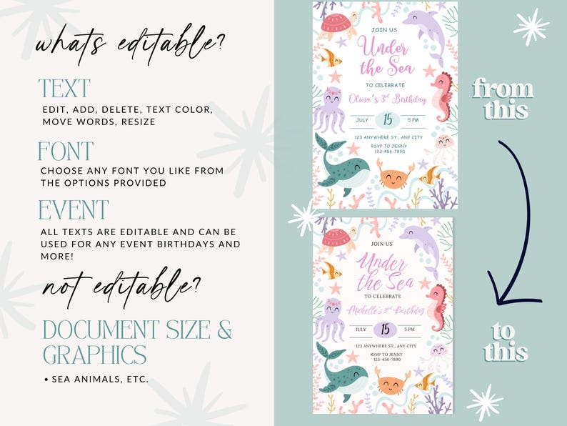 May include: Editable invitation design with an "Under the Sea" theme. The design features sea creatures like dolphins, seahorses, and octopuses. The text is customizable, allowing for personalized birthday party details. The document size and graphics are not editable.