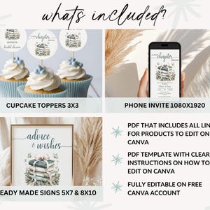 May include: An image showcasing a bridal shower theme with cupcake toppers, a phone invite, and ready-made signs. The design features a stack of books with floral accents. Text includes "What's included?" and "Advice & Wishes."