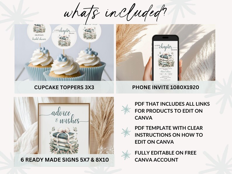 May include: An image showcasing a bridal shower theme with cupcake toppers, a phone invite, and ready-made signs. The design features a stack of books with floral accents. Text includes "What's included?" and "Advice & Wishes."