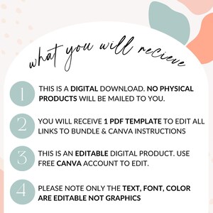 May include: Digital download information graphic with text: "What you will receive." Includes details about a digital download, a PDF template, and editable elements using a free Canva account. Pastel colors and abstract shapes.