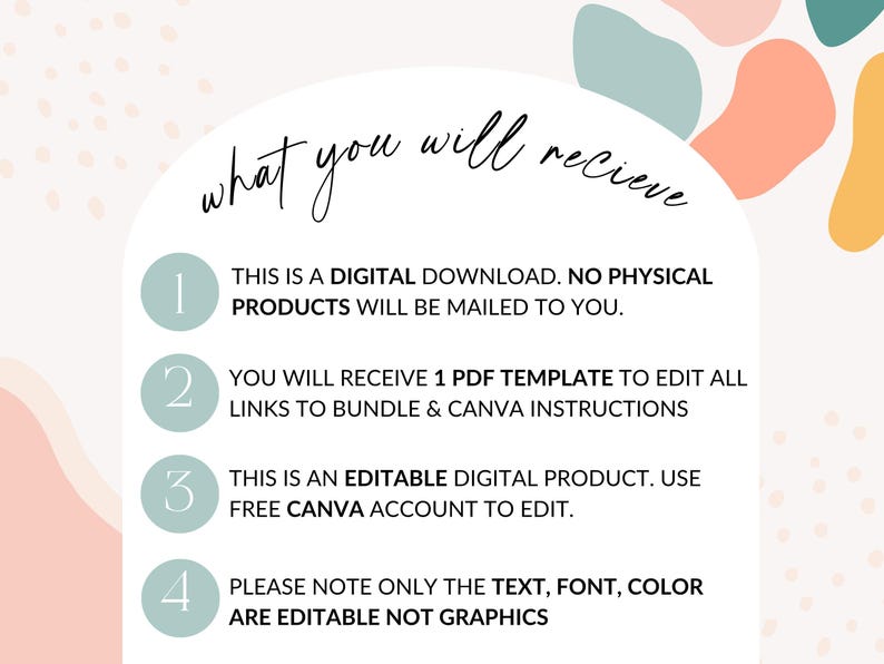May include: Digital download information graphic with text: "What you will receive." Includes details about a digital download, a PDF template, and editable elements using a free Canva account. Pastel colors and abstract shapes.