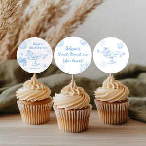 Topos de cupcake &quot;Último Brinde na Costa&quot;, Festa de Fim de Semana de Casamento na Praia, Decorações Editáveis de Conchas para Despedida de Solteira, A9