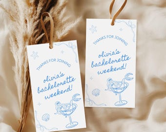 Coastal Bachelorette bedankje gunst tags, laatste toast op de kust vrijgezellenfeest decor, Bach partij gunsten, vrijgezellencadeau labels, A3
