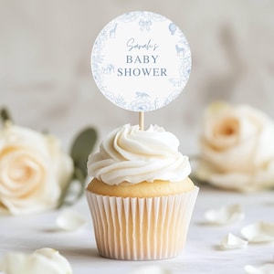 Dusty Blue Toile Safari Babyparty Cupcake Topper, Elegantes Blumen Chinoiserie Dekor, Toile De Jouy Vintage Französischer Kuchen Topper, A2