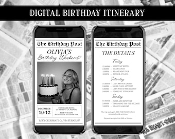 Birthday Itinerary Template, Editable 25th Birthday Newspaper Invite, Girls Trip Digital Itinerary Invitation