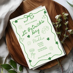 St. Patrick's Day Invitation Editable Template, Hand Drawn St. Patricks Day Party Invite Printable, Coquette St. Patricks Girls Night Invite