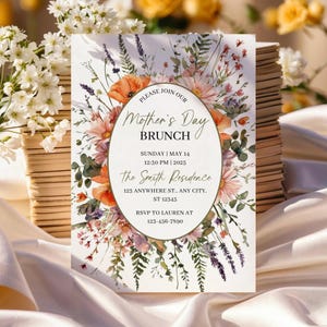Invito per il brunch della festa della mamma, modello di invito per la festa della mamma con fiori di campo, mamme e mimose, biglietto floreale per la festa della mamma