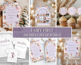May include: A collection of fairy-themed birthday decorations. Includes invitations, a photo display, cupcake toppers, t-shirts, thank you cards, and a welcome sign. The color scheme is pastel with floral and fairy illustrations. Text includes "Fairy First Birthday" and "Amelia's".