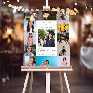 Photo Collage Graduation Welcome Sign Template, Editable Grad Party Poster Display, Celebration Welcome Yard Sign, Modern Grad Photo Board