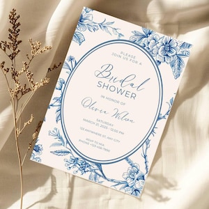 Blue Vintage Toile De Jouy Bridal Shower Invitation Template, Digital French Garden Tea Party Invite, Chinoiserie Elegant Wedding Invitation