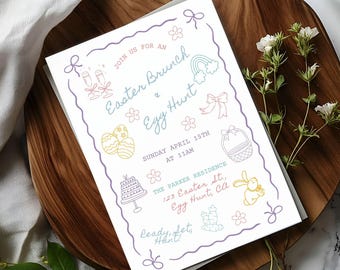 Easter Egg Hunt & Brunch Hand Drawn Invitation, Printable Doodle Easter Egg Hunt Birthday Party Invite, Easter Brunch Invitation