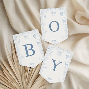 Banner de baby shower de safari en tela, elegante decoración floral estilo chinoiserie, banner vintage de Toile de Jouy con bandera francesa, banner azul polvoriento para baby shower, tamaño A2