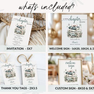 May include: An image showcasing stationery items for a bridal shower. The items include invitations, welcome signs, thank you tags, and custom signs. Each item features a watercolor design of books and the text "A New Chapter Begins".