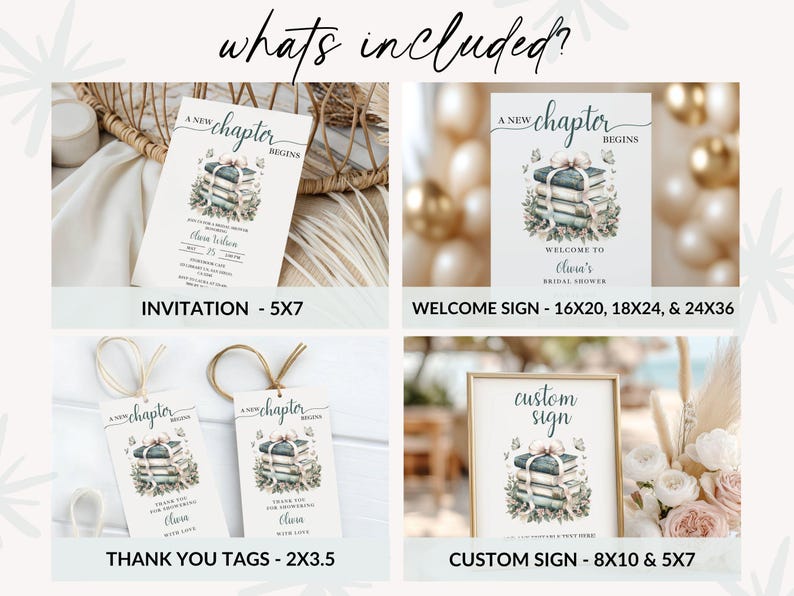May include: An image showcasing stationery items for a bridal shower. The items include invitations, welcome signs, thank you tags, and custom signs. Each item features a watercolor design of books and the text "A New Chapter Begins".