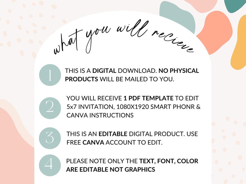 May include: A white background with a light blue, pink, and yellow abstract design. The text "what you will receive" is written in black cursive. There are four numbered steps with instructions for a digital download. Step 1: This is a digital download. No physical products will be mailed to you. Step 2: You will receive 1 PDF template to edit 5x7 invitation, 1080x1920 smart phone & Canva instructions. Step 3: This is an editable digital product. Use free Canva account to edit. Step 4: Please note only the text, font, color are editable not graphics.