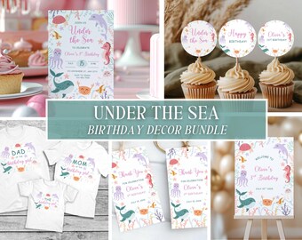 May include: A collection of "Under the Sea" themed birthday party decorations. Includes invitations, cupcake toppers, t-shirts, thank you tags, and a welcome sign. The designs feature sea creatures in pastel colors.