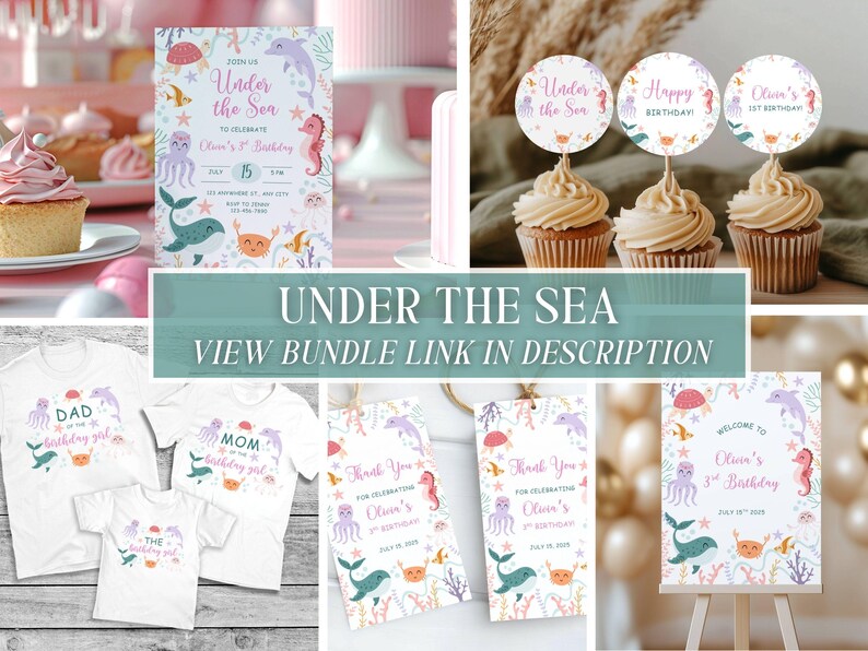 May include: An "Under the Sea" themed birthday party set. Includes invitations, cupcake toppers, t-shirts, thank you tags, and a welcome sign. The designs feature sea creatures like dolphins, seahorses, and octopuses in pastel colors.