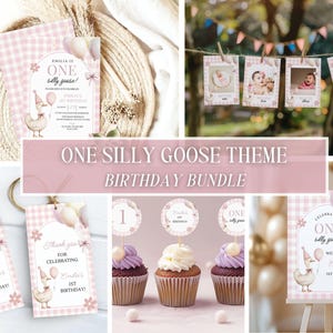 One Silly Goose First Birthday Bundle, Goose 1st Birthday Girl Party Decor, Daisy Gingham Silly Goose Theme, Editable Floral Goose Invite