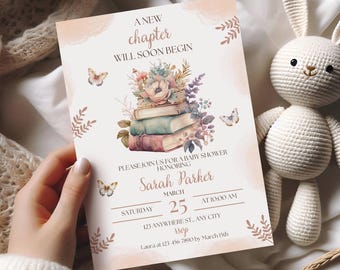 A New Chapter Baby Shower Invitation Template, Her Next Chapter Begins, Book Themed baby shower, Gender Neutral Storybook Baby Shower Invite