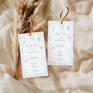Stoffige blauwe toile safari babyshower bedankkaartjes, label met elegante bloemen chinoiserie babyshower jongen, toile de jouy vintage Franse kaarten, A2