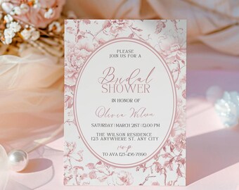 Pink Elegant Chinoiserie Bridal Shower Invite, Vintage Toile De Jouy Invitation, Floral French Garden Wedding Shower, Country Wedding Party